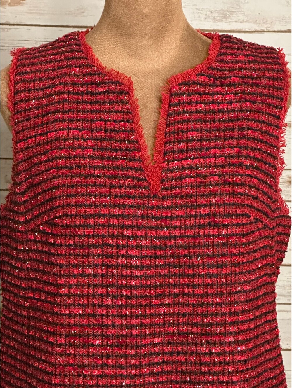 Ann Taylor red black metallic tweed fringe V-neck sleeveless shift dress Size 6 - Picture 2 of 6